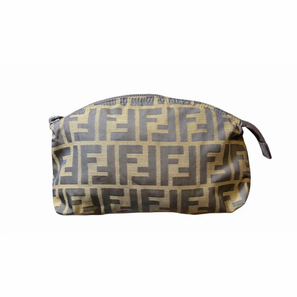 Fendi Zucca FF Monogram Zip Pouch Cosmetic Bag Clutch Brown/Tan